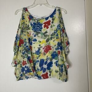Alice + Olivia yellow multi floral silk cold shoulder blouse top small
